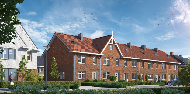 Vooraanzicht eengezinswoningen nummers 32 tm 37
